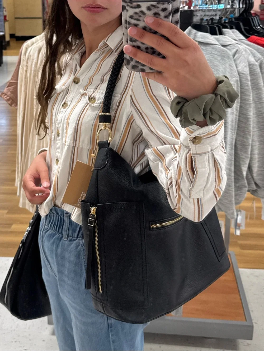 Black Braided Handle Hobo Bag